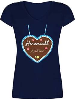 T-Shirt Damen V Ausschnitt - Kompatibel Oktoberfest - Herzmadl Lebkuchenherz - XL - Dunkelblau - wunschtext t Shirts trachtenshirt bayrische Shirt Tracht Tshirt Frau Volksfest v-Ausschnitt Oberteil von Geschenk mit Namen personalisiert by Shirtracer