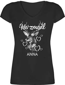 T-Shirt Damen V Ausschnitt - Kompatibel Oktoberfest - Herzmadl mit Hirsch und Herzen - S - Schwarz - Bayern Herz Shirt Frau trachtenshirt bayrische t Shirts bayrisches Outfit Volksfest t-Shirts von Geschenk mit Namen personalisiert by Shirtracer