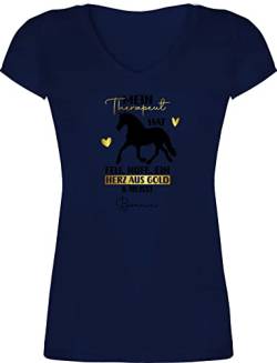 T-Shirt Damen V Ausschnitt - Pferd Pferde - Mein Therapeut hat Fell, Hufe und EIN Herz aus Gold - L - Dunkelblau - Name Frauen Reiter für pferdeliebhaber personalisierbar Spruch eigenem reiten von Geschenk mit Namen personalisiert by Shirtracer