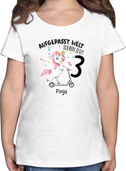 T-Shirt Mädchen - 3. Geburtstag - Aufgepasst Welt - Ich Bin jetzt 3 - Einhorn mit Name zum Dritten - 104 (3/4 Jahre) - Weiß - Jahre Kinder t Shirt Tshirt geburtstagsshirt personalisierte Tshirts von Geschenk mit Namen personalisiert by Shirtracer