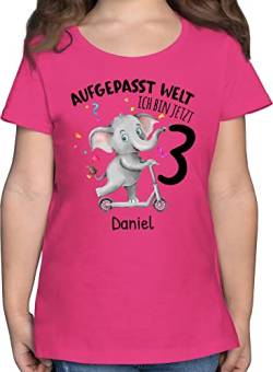 T-Shirt Mädchen - 3. Geburtstag - Aufgepasst Welt - Ich Bin jetzt 3 - Elefant - 104 (3/4 Jahre) - Fuchsia - Kinder Shirts Shirt Jahre Tshirt Name t-Shirts für geburtstagsoutfit t personalisierte von Geschenk mit Namen personalisiert by Shirtracer