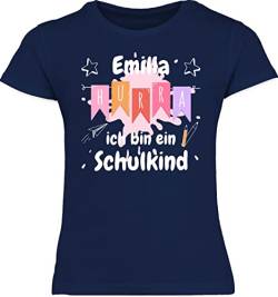 T-Shirt Mädchen - Einschulung - Hurra ich Bin EIN Schulkind - rosa oder hellblau - weiß - 128 (7/8 Jahre) - Navy Blau - schulanfänger t Shirt Schulanfang Kindergarten abschluss Tshirt von Geschenk mit Namen personalisiert by Shirtracer