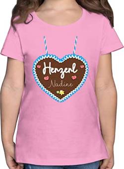 T-Shirt Mädchen - Kompatibel Oktoberfest - Lebkuchen Herzerl - Print hellblau - 128 (7/8 Jahre) - Rosa - t Shirt Kinder bayrisch Lebkuchenherz Tshirt bayrischer Abend wunschtext Shirts Trachten- von Geschenk mit Namen personalisiert by Shirtracer