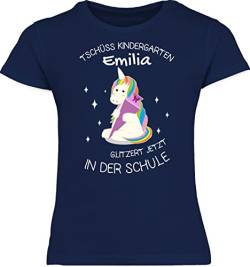 T-Shirt Mädchen Schulkind - Einschulung - Einhorn Tschüss Kindergarten Schultüte Lila - 140 (9/11 Jahre) - Navy Blau - Shirt Maedchen zum Schulanfang Tshirt einschulungsshirts von Geschenk mit Namen personalisiert by Shirtracer