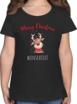 T-Shirt Mädchen - Weihnachten Kinder Geschenke - Merry Christmas Rentier mit Sternen - 140 (9/11 Jahre) - Schwarz - Tshirt personalisierte Weihnachts Shirt Weinachten weihnachtsmotive von Geschenk mit Namen personalisiert by Shirtracer