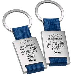 Geschenke 24 | Schlüsselanhänger personalisiert zur Geburt (Blau - VS&RS) | graviert mit Name, Datum, Uhrzeit, Größe und Gewicht | Taufe Junge, Mädchen | kleine Aufmerksdamkeit von Geschenke 24