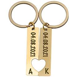 Personalisierter Schlüsselanhänger für Partner | 2er Set für Pärchen mit Gravur von eurem Datum und Initialen | Geschenk zum Jahrestag und zum Valentinstag für Freundin oder Freund | Gold von Geschenke 24