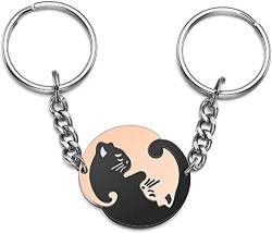 Geschenkehöhle PREMIUM Schlüsselanhänger 2 Paar Katzen Motiv Keychain als Ying Yang Tai-Chi Puzzle Set für Paare aus Edelstahl - Anhänger für den Schlüsselring und Schlüsselbund (schwarz/roségold) von Geschenkehöhle