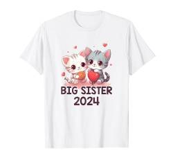 Big Sisters 2024 Kinder Katzen Geschwister Baby Katze T-Shirt von Geschwister Baby Katzen mit Herz Luftballon