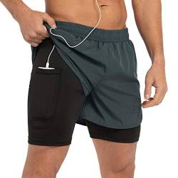 Gesean Herren 2-in-1 Workout Laufshorts 12,7 cm Leichte Gym Training Sport Shorts mit Handytaschen, grau dunkel, Groß von Gesean