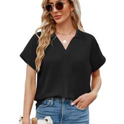 Getervb Bluse Damen Kurzarm Sommer V-Ausschnitt Hemden Oberteile Elegant Locker Tops Shirt Lässig mit Reverskragen von Getervb