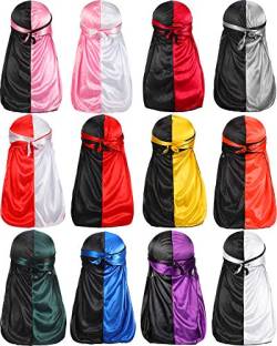 12 Stück seidige Durag Piratenkappe lange Schwanz Headwraps für Damen und Herren seidige Durag Hip Hop Rapper Doo Rag Schlafmütze, Leuchtende Farben, Einheitsgröße von Geyoga