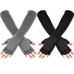 2 Paare Unisex Fingerlose Handschuhe Halbfinger Gestrickt Warme Handschuhe Dehnbare Halbfinger Armstulpen für Männer Frauen, 11 Zoll von Geyoga