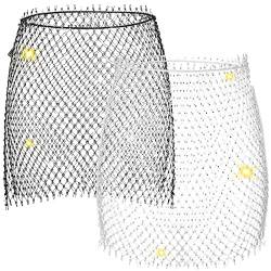 2 Stücke Frauen Mesh Strass Rock Durchsichtig Strass Röcke Bauchtanz Strand Wrap Cover Up Strass Rock Körper Kristall Rave Röcke für Bademode Weiß, Schwarz, weiß / schwarz, Medium von Geyoga