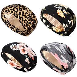 4 Stück Satin gefütterte Schlafmütze Doppelschicht Seide Schlafhaube Slouchy Beanie Slap Hut für Frauen lockiges Haar, Schwarz Rosa Blume, Rosa Camouflage, Leopard, Medium von Geyoga