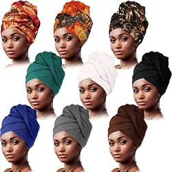 9 Stück Frauen Kopftuch Schal Turban Kopfwickel Weich Lange Kopftücher Afrikanischer Turban Kopfwickel für Frauen Mädchen, Klassische Farben von Geyoga