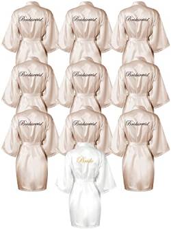 Geyoga 10 Stück Kimono Robe für Brautjungfer und Braut bestickt Damen Hochzeit Party Braut Robe Brautparty Robe, Weiß/Champagnerfarben, Large von Geyoga