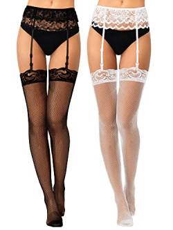 Geyoga 2 Paar Damen Strapsstrümpfe Oberschenkelhohe Strumpfhosen mit Spitze Hosenträger Netzstrumpfhosen Set (Schwarz, Weiß) von Geyoga