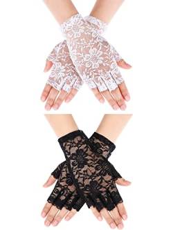 Geyoga 2 Paar Fingerlose Spitzenhandschuhe für Frauen Schwarz Weiß Spitze Halbfinger Handschuhe für Mädchen Damen Teeparty Braut Hochzeit Opern Kostüm Zubehör von Geyoga