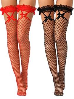 Geyoga 2 Paar Netzstrümpfe mit Spitzenoberteil Schleifen Oberschenkelhohe Halterlose Strümpfe für Frauen (Schwarz, Rot) von Geyoga