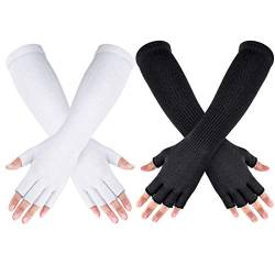 Geyoga 2 Paar Winter Fingerlos Fäustlinge Lange Thermo Strick Handschuhe Dehnbar Stricken Farbige Handschuhe für Männer Frauen, 11 Zoll (Weiß, Schwarz) von Geyoga