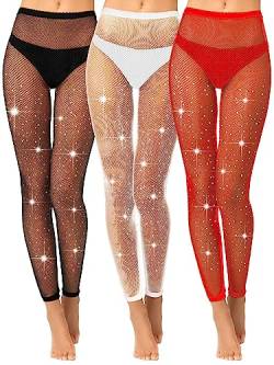 Geyoga 3 Paar Damen Glitzer Netzstrumpfhosen Zehenlose Diamant Fußlos Fischnetz Strumpfhosen für Festspiele Cosplay Halloween, Einheitsgröße von Geyoga