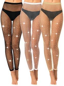 Geyoga 3 Paar Damen Glitzer Netzstrumpfhosen Zehenlose Diamant Halloween Fußlos Fischnetz Strumpfhosen, Einheitsgröße von Geyoga