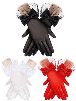 Geyoga 3 Paar Damen Spitzenhandschuhe Schleife Tee Party Handschuhe Seide Elegante Hochzeit Gotisch Handschuhe für Beerdigung Halloween Party Cosplay von Geyoga