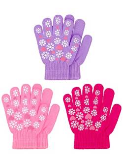 Geyoga 3 Paar Kinder Handschuhe Kleinkind Vollfinger Strickhandschuhe für 5-10 Jährig Kinder Mädchen (Lila, Rosa, Rosarot) von Geyoga