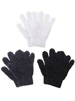 Geyoga 3 Paar Kinder Strickhandschuhe Winter Warme Vollfinger Handschuhe (Dunkelgrau, Schwarz, Weiß, M) von Geyoga