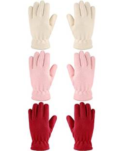 Geyoga 3 Paar Kinder Vlies Handschuhe Vollfinger Fäustlinge für Jungen Mädchen (Hellrosa, Beige, Rot, M (8-12 Jahre)) von Geyoga