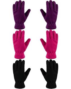 Geyoga 3 Paar Kinder Vlies Handschuhe Winter Vollfinger Fäustlinge für Jungen Mädchen (Schwarz, Lila, Rosenrot, S (4-7 Jahre)) von Geyoga