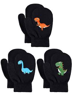 Geyoga 3 Paar Kinder Winter Fäustlinge Dehnbar Stricken Handschuhe Dinosaurier Warme Vollfinger Fäustlinge (Einfacher Stil) von Geyoga