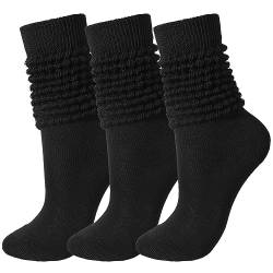 Geyoga 3 Paar Slouch Socken Scrunch Socken Baumwolle Strick Stiefelsocken Weiche Lange Socken Winter Gestapelte Socken für Frauen Mädchen, Schwarz, Einheitsgröße von Geyoga