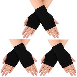 Geyoga 3 Paar Warme Fingerlose Handschuhe mit Daumenloch Baumwolle Halbfinger Stricken Fäustlinge für Männer, Frauen (Schwarz) von Geyoga