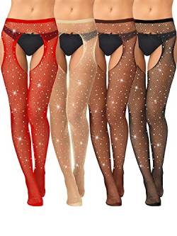 Geyoga 4 Netzstrümpfe mit Funkelnd Strass Netzstrumpfhosen mit Hoher Taille Straps Strumpfhosen (Rot, Haut, Kaffee, Schwarz) von Geyoga