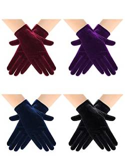 Geyoga 4 Paar 1920s Samt Opern Handschuhe Tee Party Handschuhe Damen Hochzeit Handgelenk Handschuhe (Schwarz, Lila, Blau, Weinrot) von Geyoga