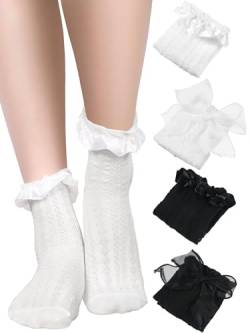 Geyoga 4 Paar Damen Spitze Knöchelsocken Rüschen Rüschen Socken Mesh Spitze Lose Socken Slouch Socken Knöchelhohe Socken für Frauen, Elegantes Schwarz und Weiß, Medium von Geyoga