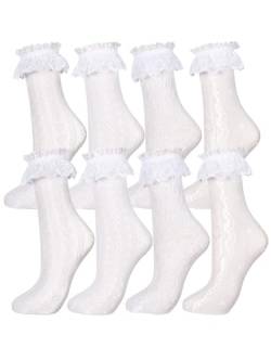 Geyoga 4 Paar Damen Spitzen Söckchen Rüschen Socken Netz Spitze Socken Knöchelhohe Socken (Weiß, M) von Geyoga