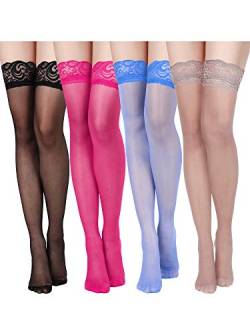 Geyoga 4 Pairs Women Thigh High Stockings Silky Soft Sheer Tights for Women Girls (Black, Rose Red, Coffee, Royalblue) von Geyoga