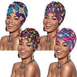 Geyoga 4 Stück Afrikanisch Turbane Damen Plissee Mützen Stretch Turban Kopfwickel Verdreht Kopftuch Kopfbedeckung (Stilvoll Stil) von Geyoga