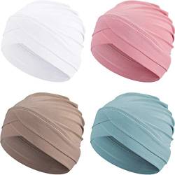 Geyoga 4 Stück Damen Turban Chemo Kopfbedeckung Krebs Kopfwickel Dehnbar Turban Schlafmütze (Mintgrün, Khaki, Weiß, Hellrosa) von Geyoga