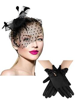 Geyoga 50er Jahre Damen Fascinator Hut Spitzen Handschuh (Schicker Stil) von Geyoga