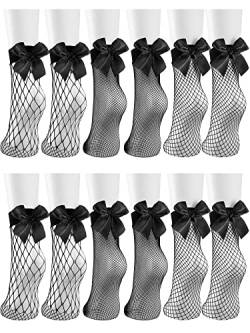 Geyoga 6 Paar Damen Fischnetz Söckchen Schwarze Kurze Knöchel Socken Elastische Spitze Netz Socken für Sommer (Schleifen Stil) von Geyoga