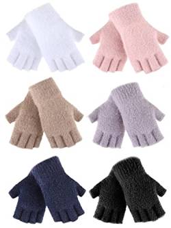 Geyoga 6 Paar Faux Nerz Pelz Fingerlose Winter Unisex Halbfinger Handschuhe Strick Schreibhandschuhe für Damen Herren, 6 Farben von Geyoga