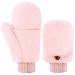 Geyoga Damen Fäustlinge Pelz Winter Handschuhe Warme Kunstpelz Handschuhe mit Flip Weiche Fell Fingerlose Handschuhe (Rosa) von Geyoga