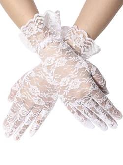 Geyoga Damen Kurze Spitze Handschuhe Elegante Blumen Sommerhandschuhe für Halloween Hochzeit 1980er Party Kostüm (Weiß) von Geyoga