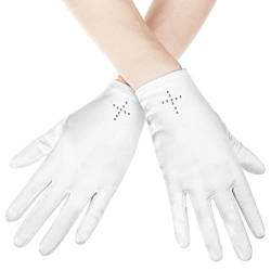 Geyoga Kommunionhandschuh aus Satin Handgelenklange Weiße Mädchenhandschuhe mit Strass Kreuz Heilige Kommunion Zubehör für Mädchen Prinzessinnen-Handschuhe mit Kurzen Fingern für Die Hochzeit von Geyoga