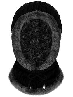 Geyoga Sturmhaube für Damen Winter Mützen Skimaske Ohren Gesicht Halswärmer mit Kordelzug Thermische Mütze Schal Vlies Strick Sturmhaube (Schwarz) von Geyoga