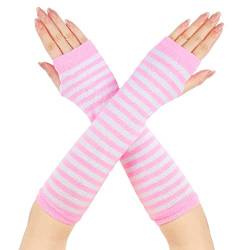 Lange Armwärmer Gestreift Fingerlose Handschuhe für Frauen (Rosa und Weiß) von Geyoga